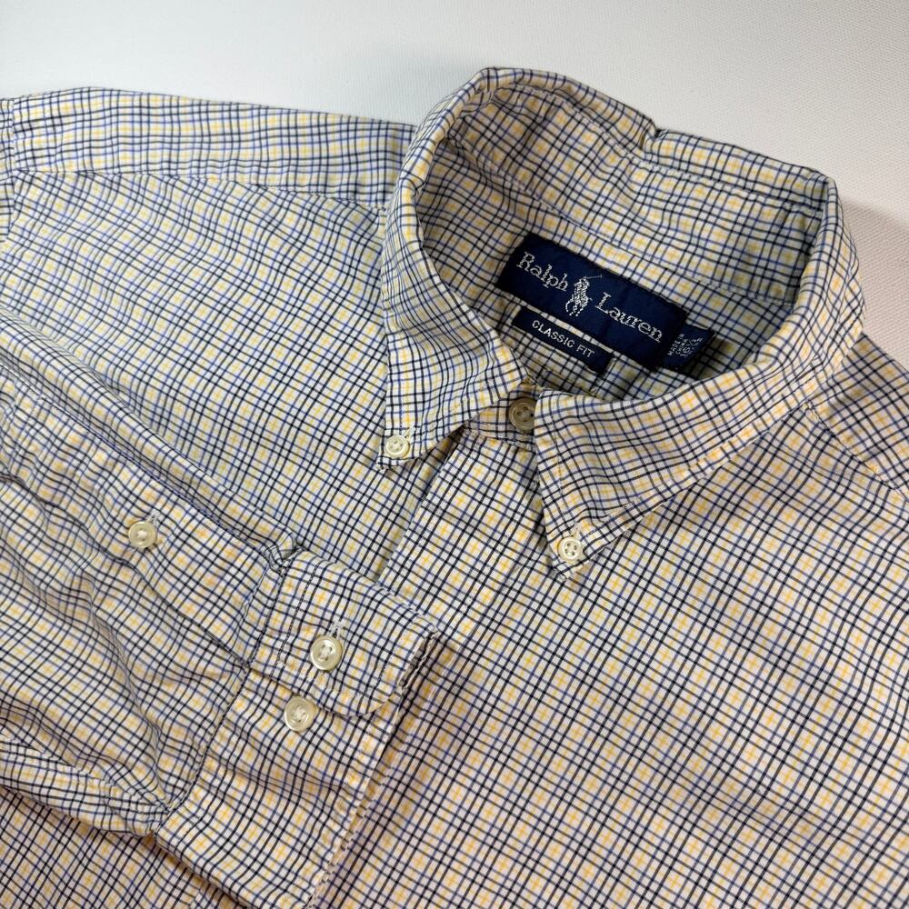 Ralph Lauren Shirt Mens 16 32-33 Cotton Blue Yellow Plaid Pony Button Down